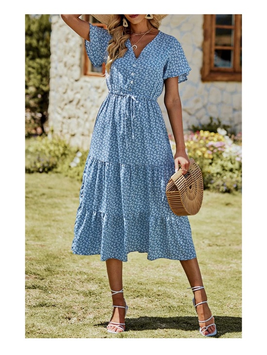 PrettyGarden Dresses & Skirts - Blue Floral V-Neck Tiered Midi Dress
